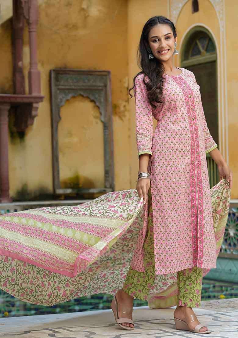 Pink Printed Cotton Straight Kurta Set - Indya