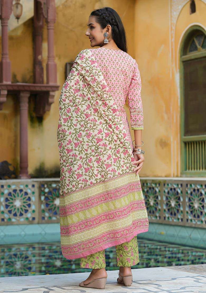 Pink Printed Cotton Straight Kurta Set - Indya
