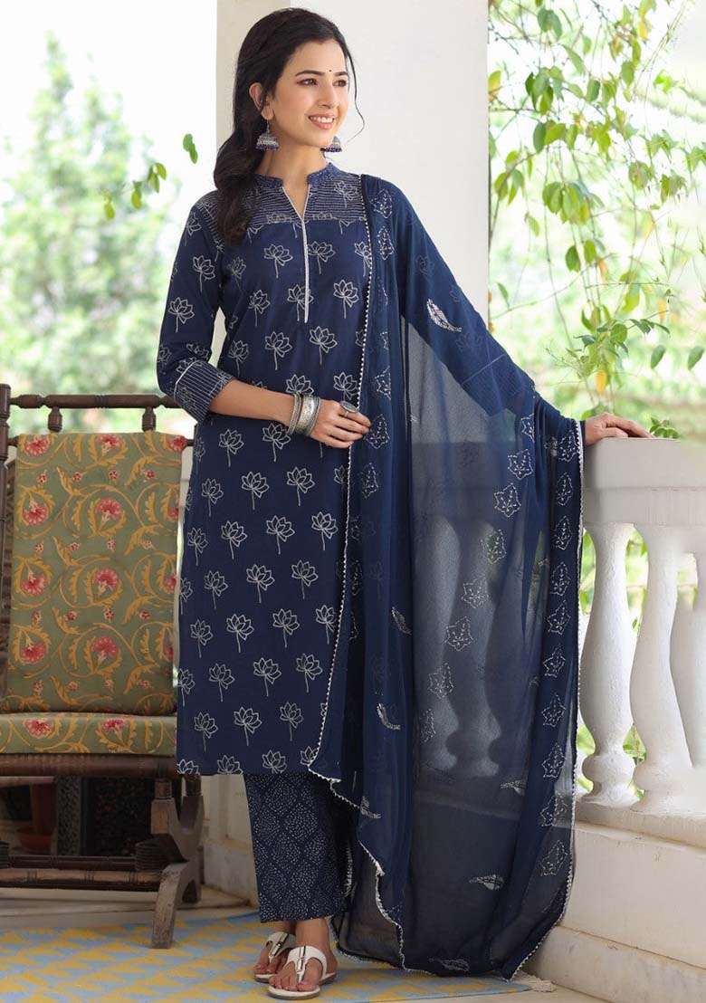 Navy Blue Printed Cotton Straight Kurta Set - Indya