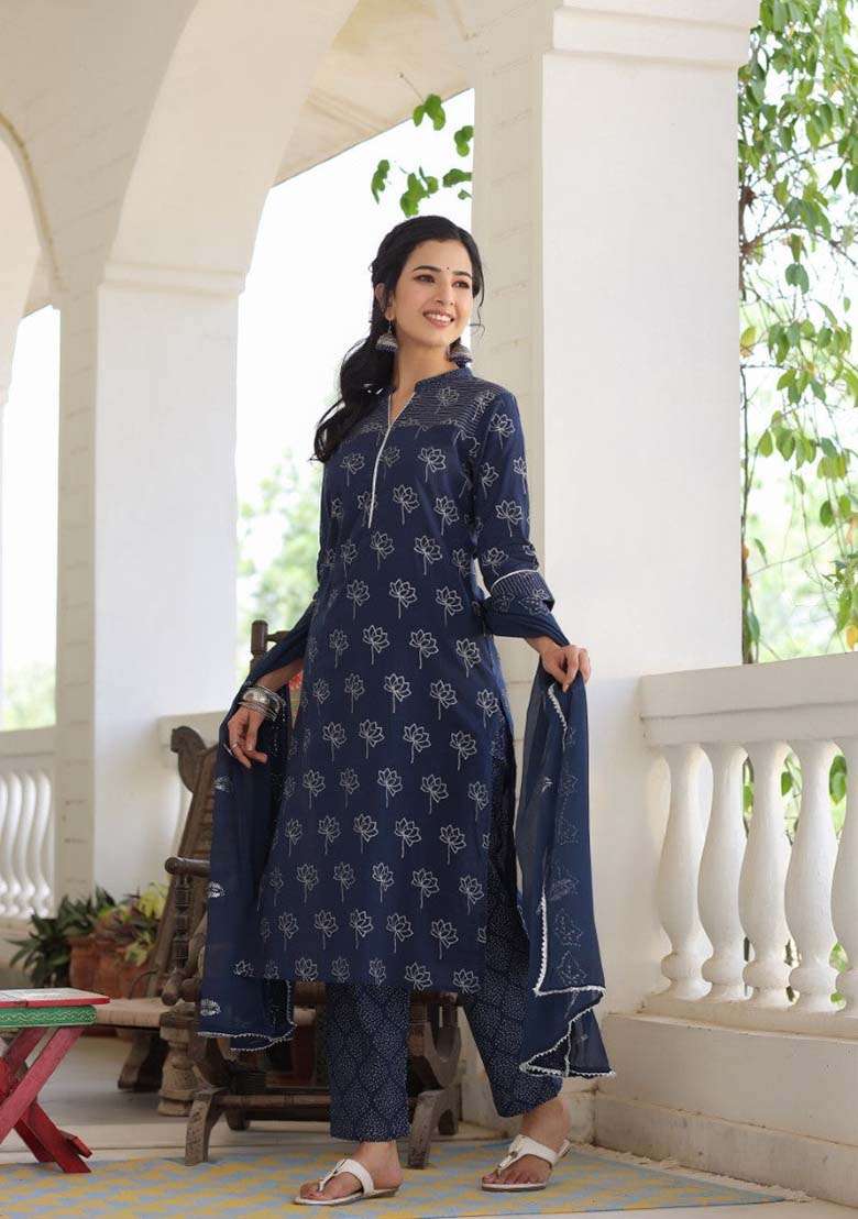 Navy Blue Printed Cotton Straight Kurta Set - Indya