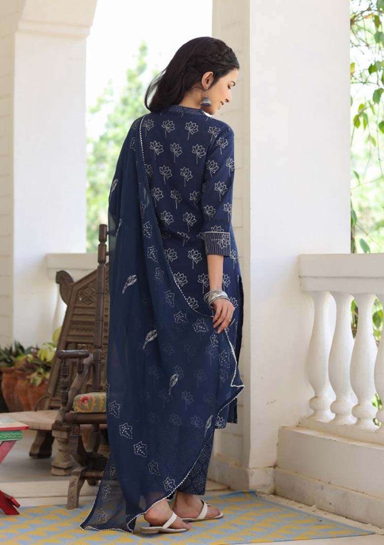 Navy Blue Printed Cotton Straight Kurta Set - Indya