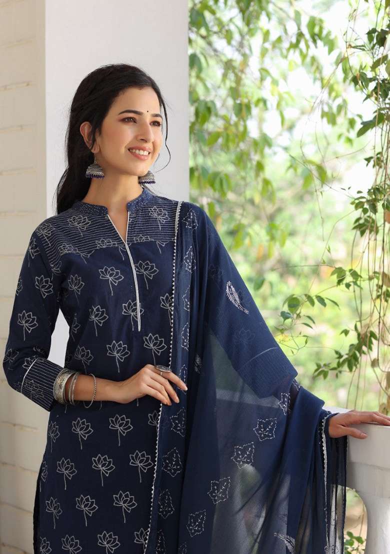 Navy Blue Printed Cotton Straight Kurta Set - Indya