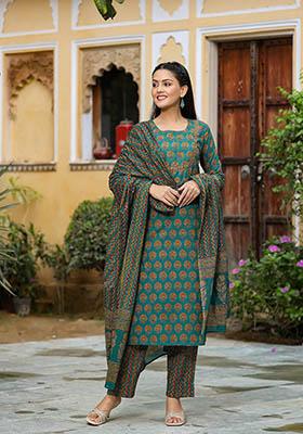 Green Printed Rayon Blend Kurta Set