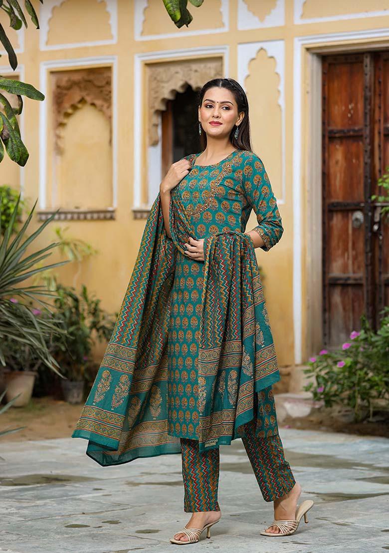 Green Printed Rayon Blend Kurta Set