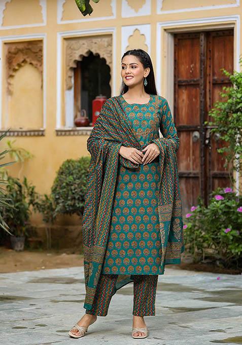 Green Printed Rayon Blend Kurta Set