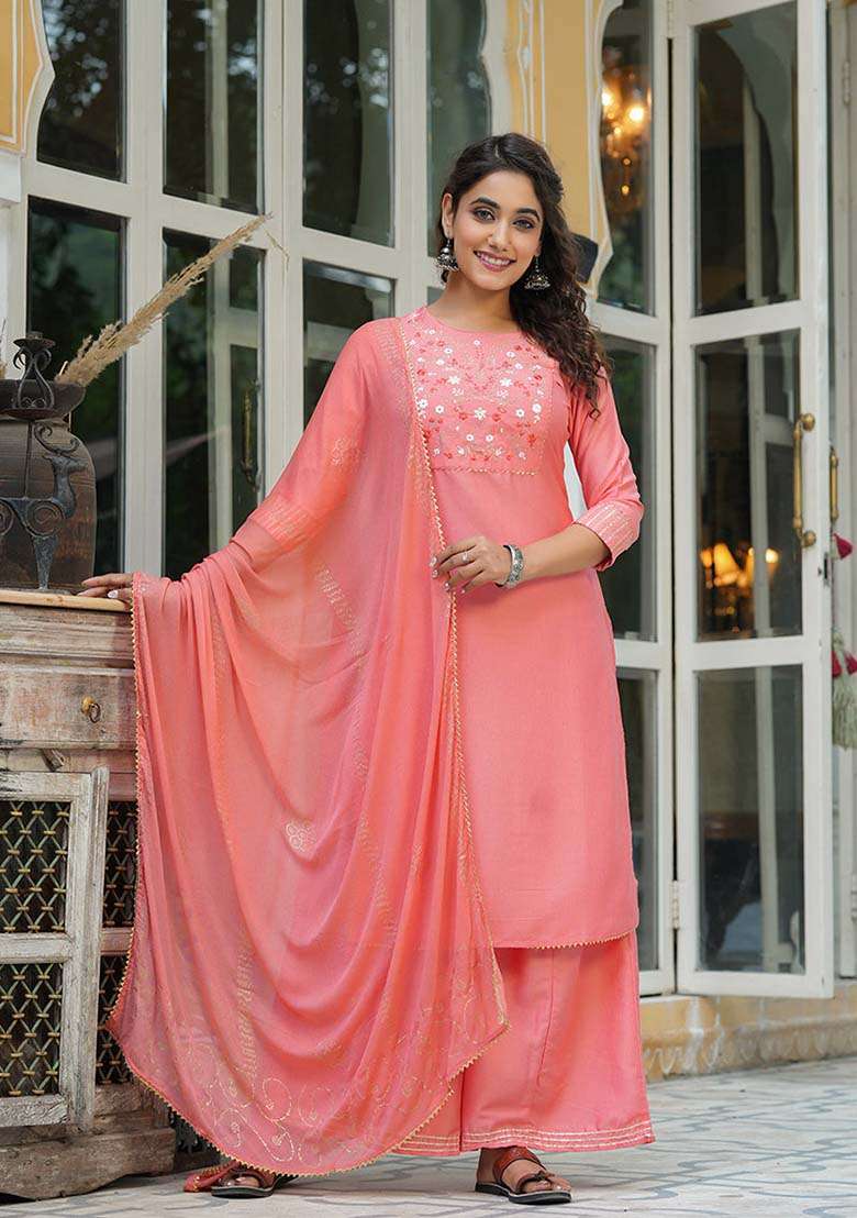 Peach Embroidered Cotton Straight Kurta Set - Indya