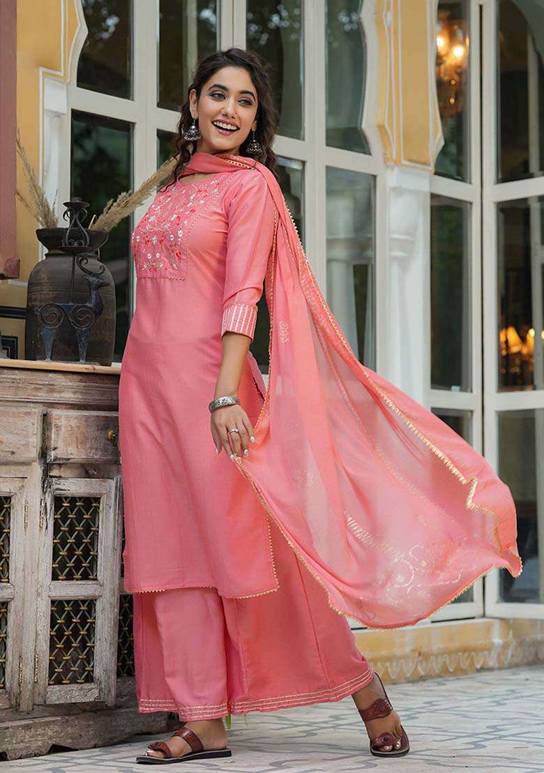 Peach Embroidered Cotton Straight Kurta Set - Indya