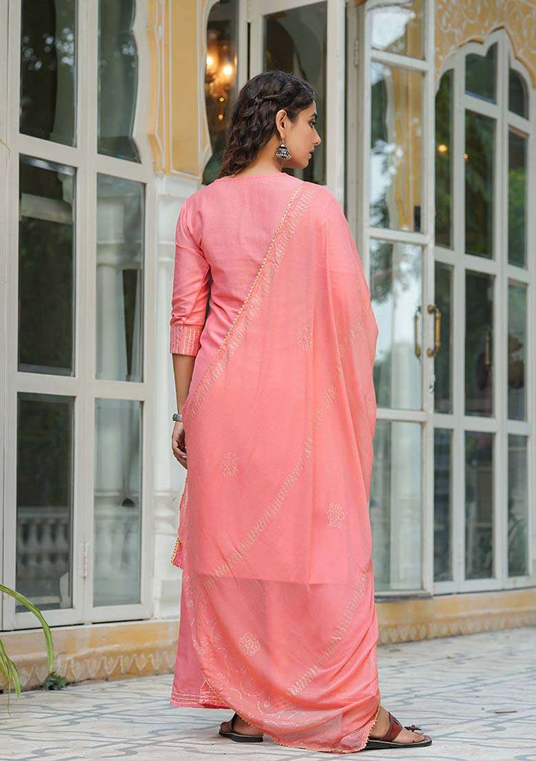 Peach Embroidered Cotton Straight Kurta Set - Indya