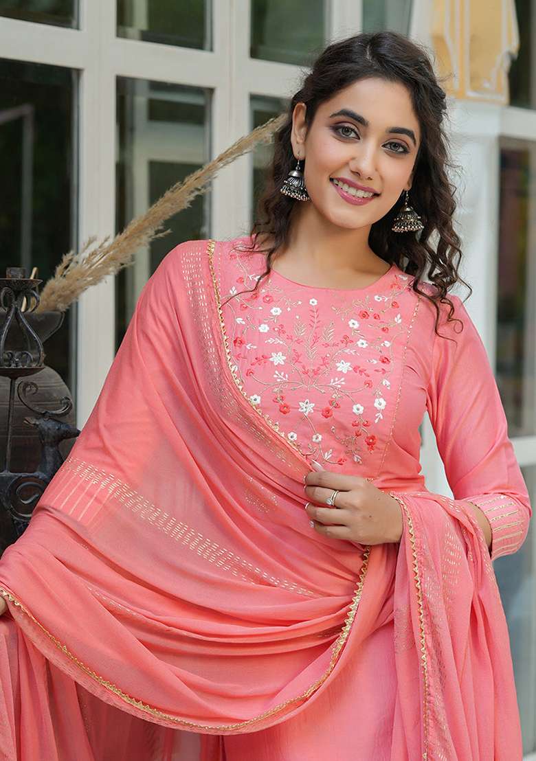 Peach Embroidered Cotton Straight Kurta Set - Indya