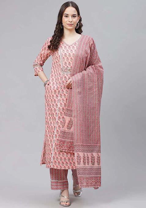 Peach Printed Cotton Kurta Set