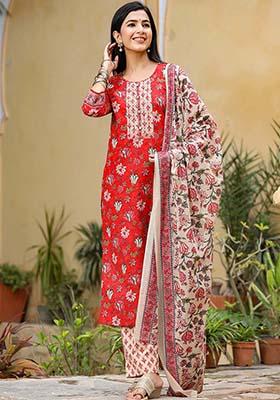 Red Printed Rayon Blend Kurta Set