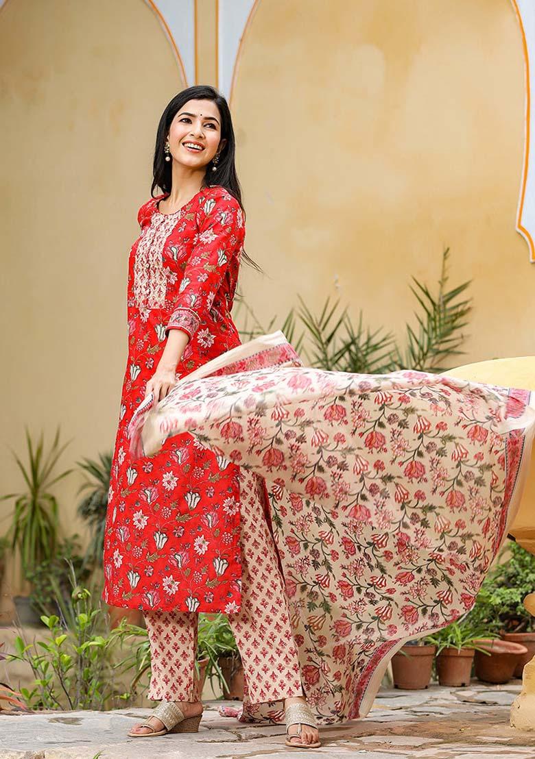 Red Printed Rayon Blend Kurta Set