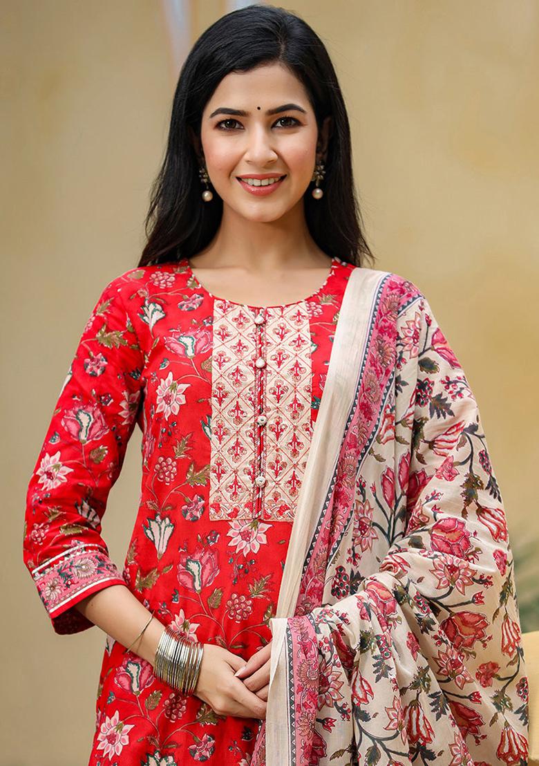 Red Printed Rayon Blend Kurta Set