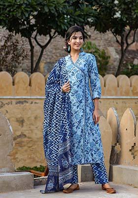 Blue Printed Cotton Kurta Set
