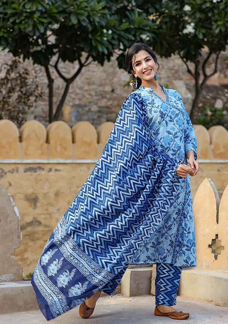 Blue Printed Cotton Kurta Set