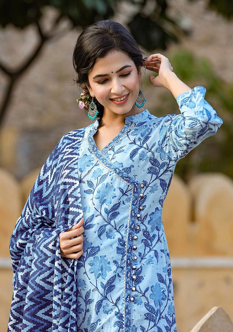 Blue Printed Cotton Kurta Set