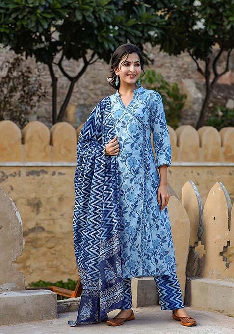 Blue Printed Cotton Kurta Set