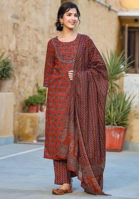Rust Printed Rayon Blend Kurta Set