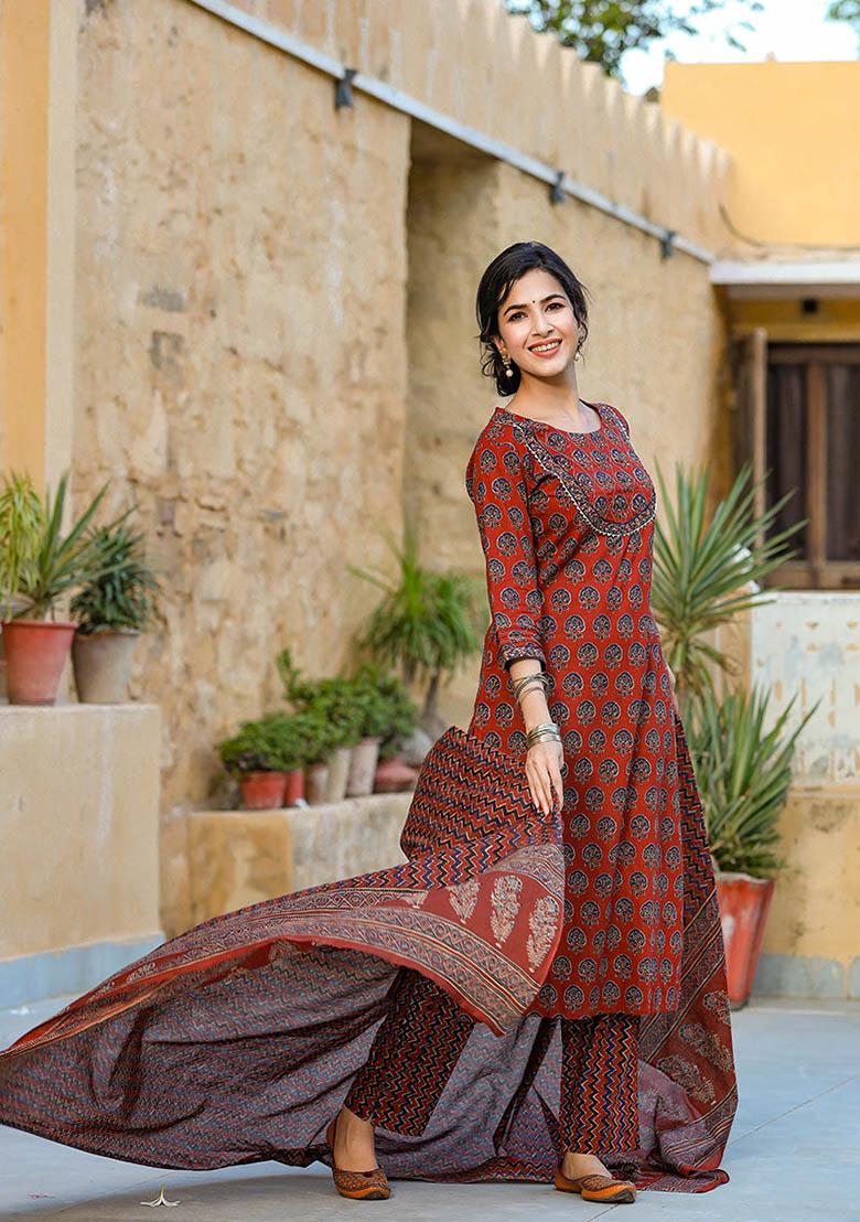 Rust Printed Rayon Blend Kurta Set
