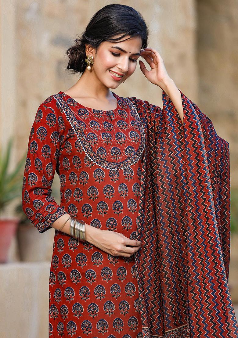 Rust Printed Rayon Blend Kurta Set