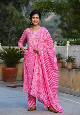 Pink Printed Cotton Kurta Set