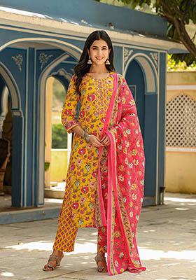 Mustard Printed Rayon Blend Kurta Set