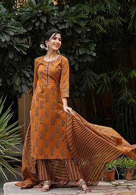Mustard Printed Rayon Blend Kurta Set