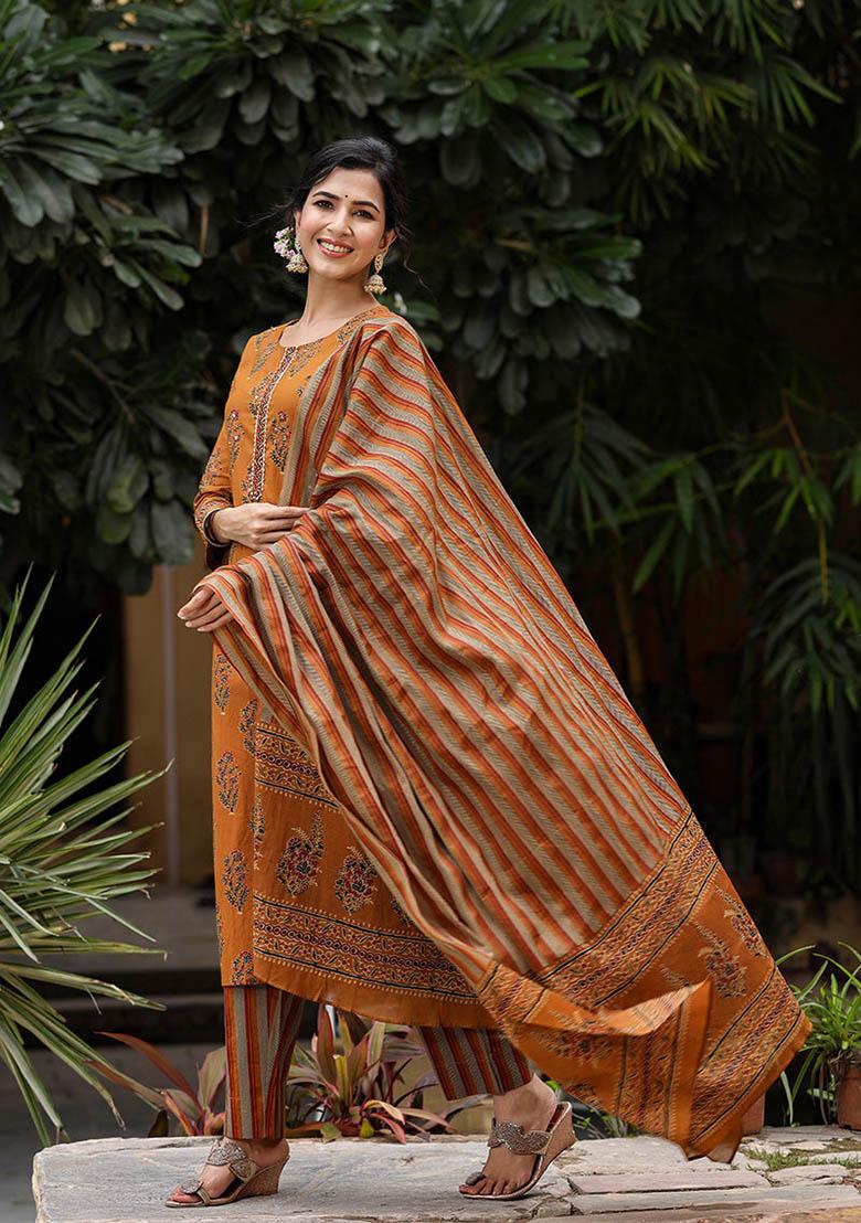 Mustard Printed Rayon Blend Kurta Set