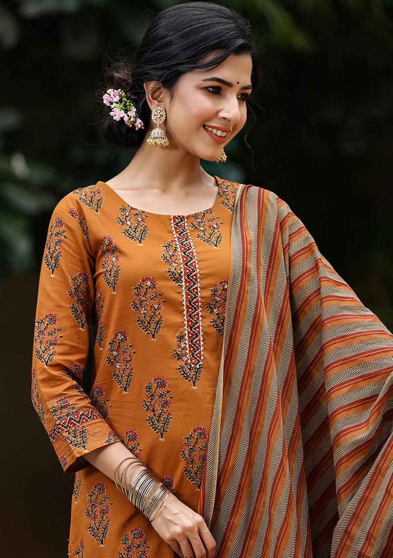 Mustard Printed Rayon Blend Kurta Set