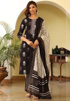 Black Printed Rayon Blend Kurta Set