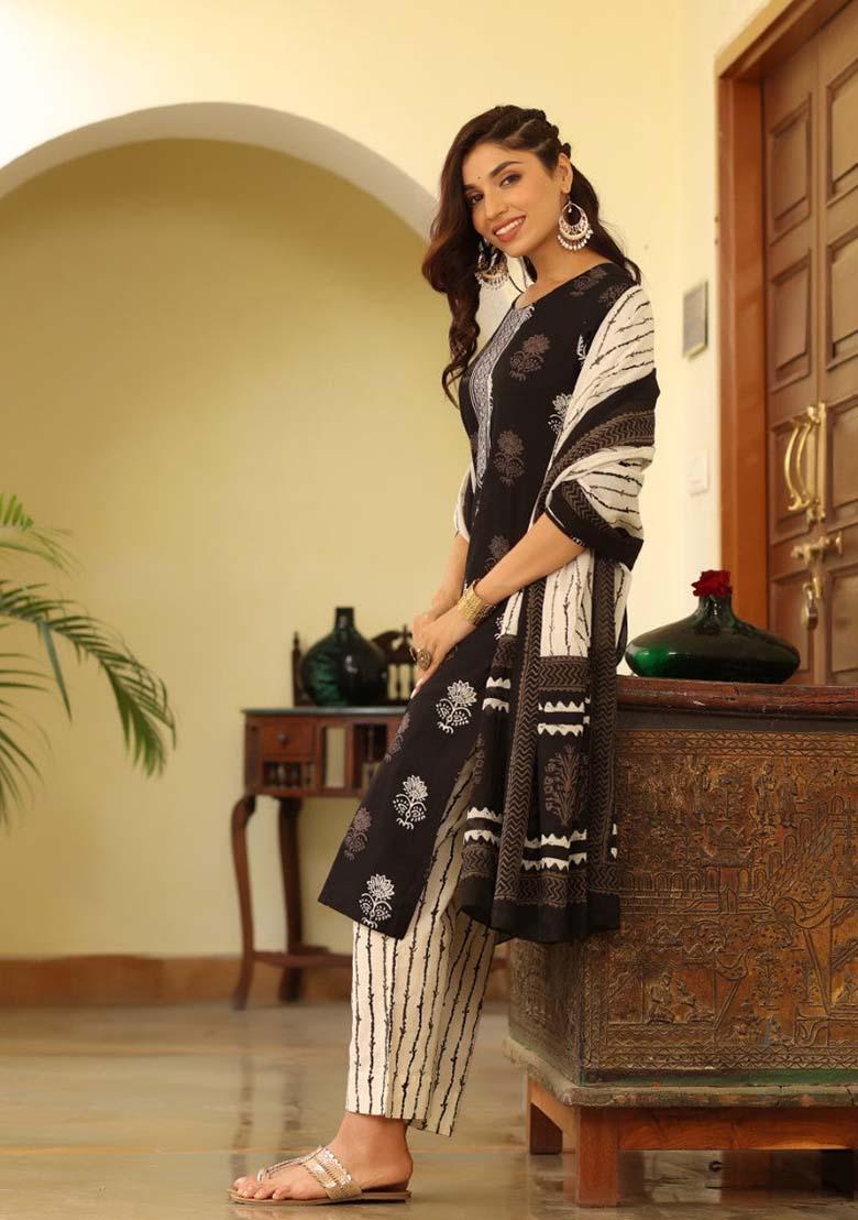 Black Printed Rayon Blend Kurta Set