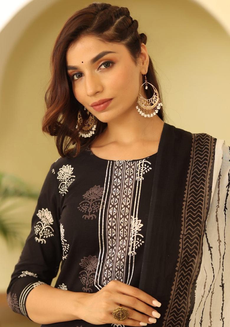 Black Printed Rayon Blend Kurta Set