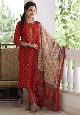 Red Printed Cotton Kurta Set