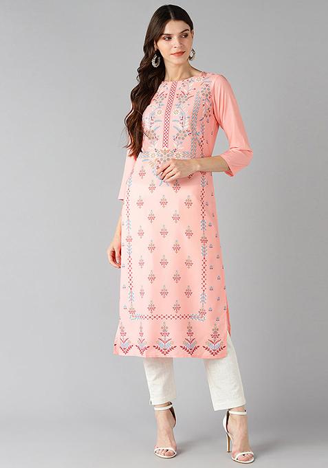 Orange Printed Polyester Kurta