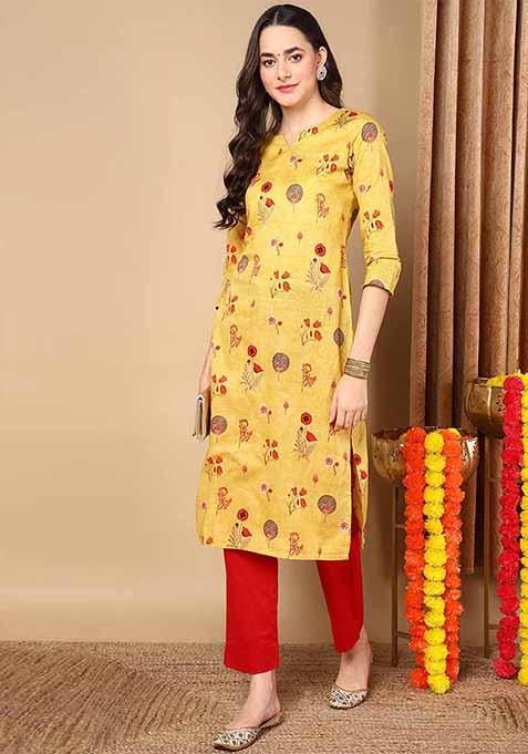 Yellow Printed Cotton Kurta