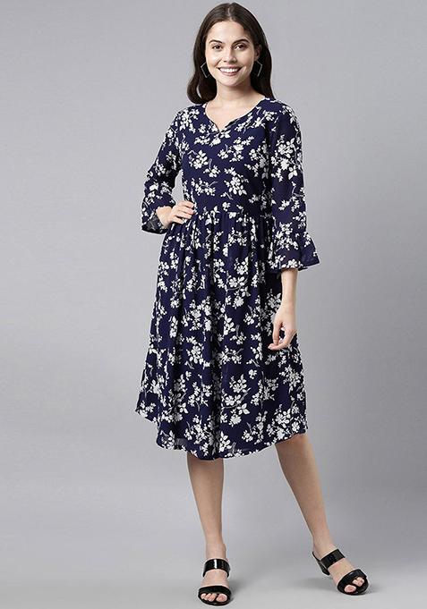 Navy Blue Printed Chiffon Dress