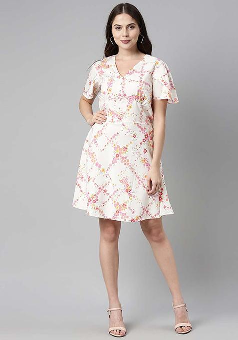 White Printed Polyester Dress