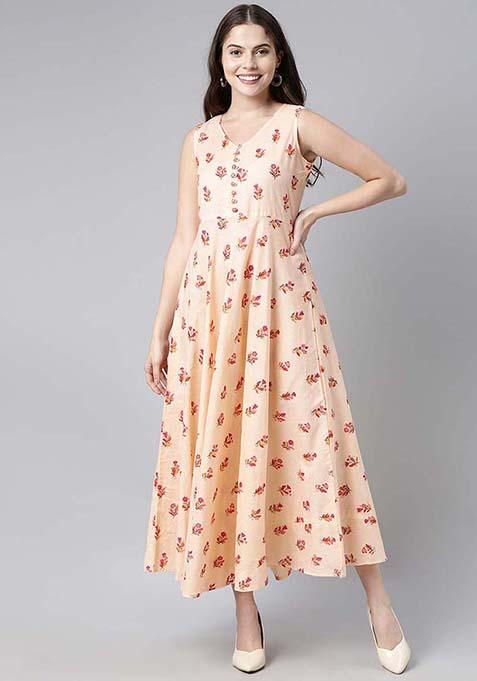 Peach Printed Cotton Dress