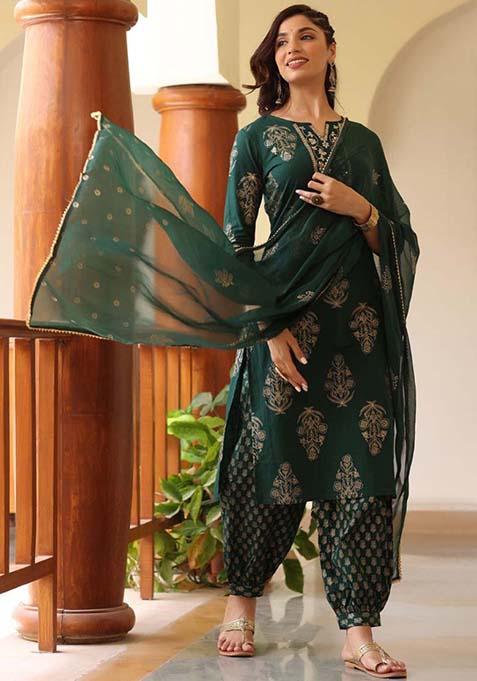 Green Printed Cotton Kurta Set