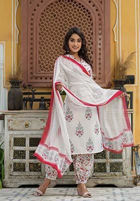 Off White Printed Cotton Kurta Set