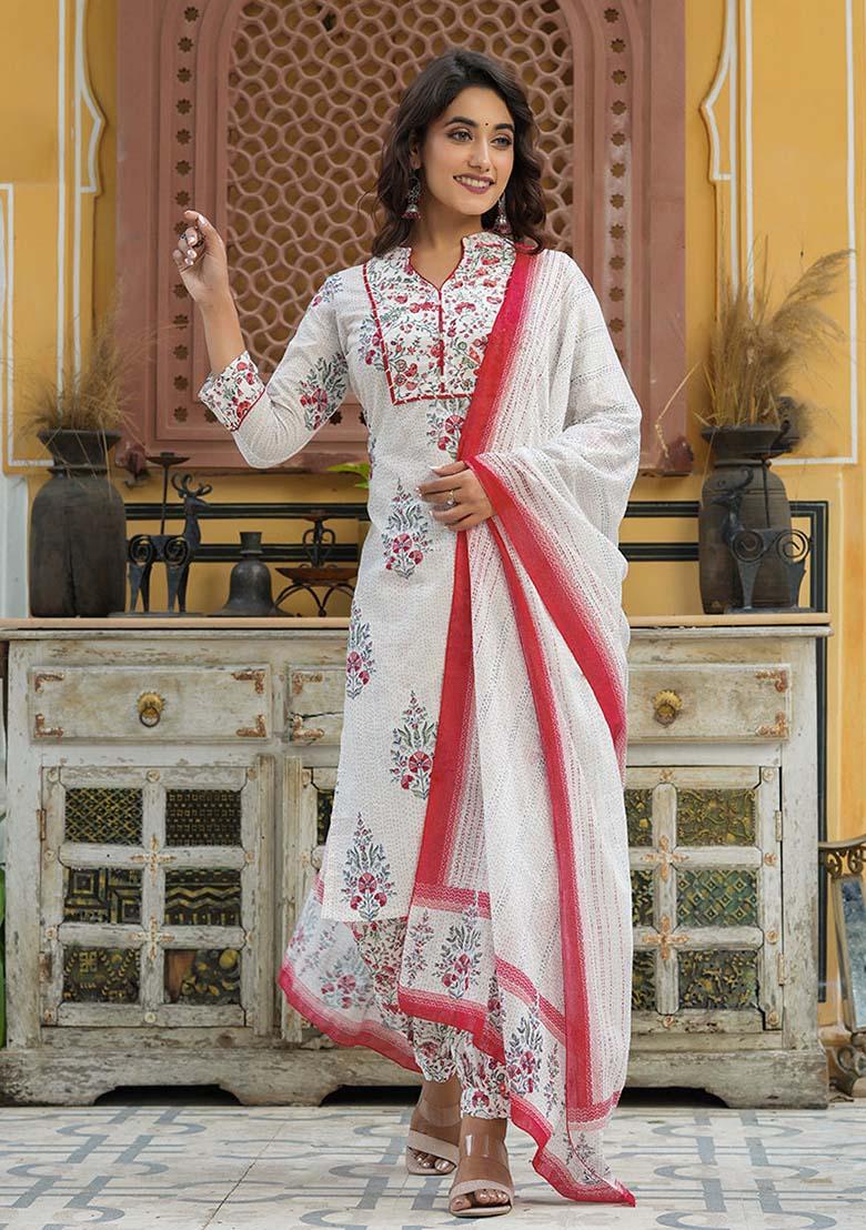 Off White Printed Cotton Kurta Set