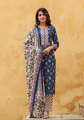 Blue Printed Rayon Blend Kurta Set