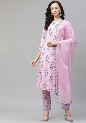 Pink Printed Polyester Kurta Set
