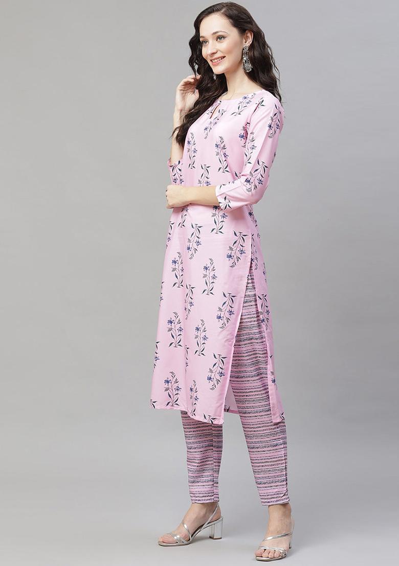 Pink Printed Polyester Kurta Set