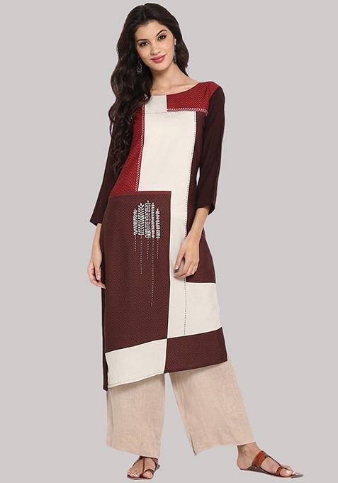 Brown Printed Polyester Kurta