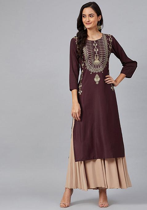 Burgundy Printed Crepe Kurta