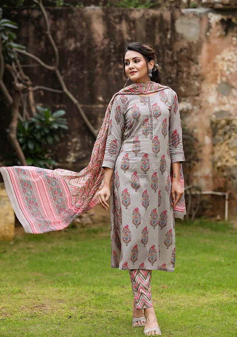 Grey Printed Rayon Blend Kurta Set