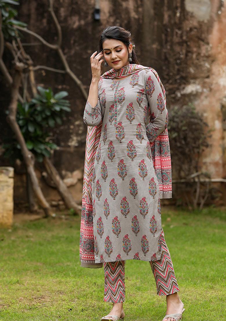 Grey Printed Rayon Blend Kurta Set