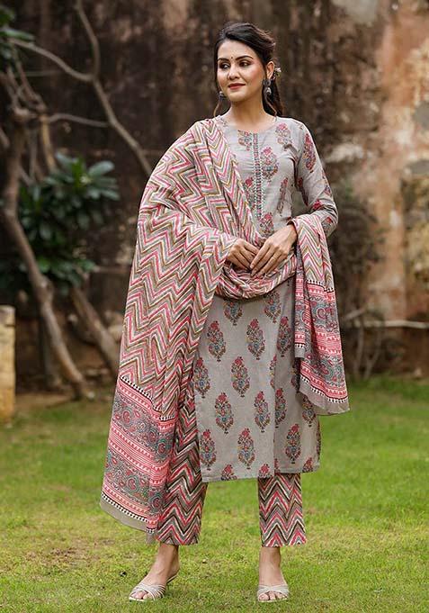 Grey Printed Rayon Blend Kurta Set