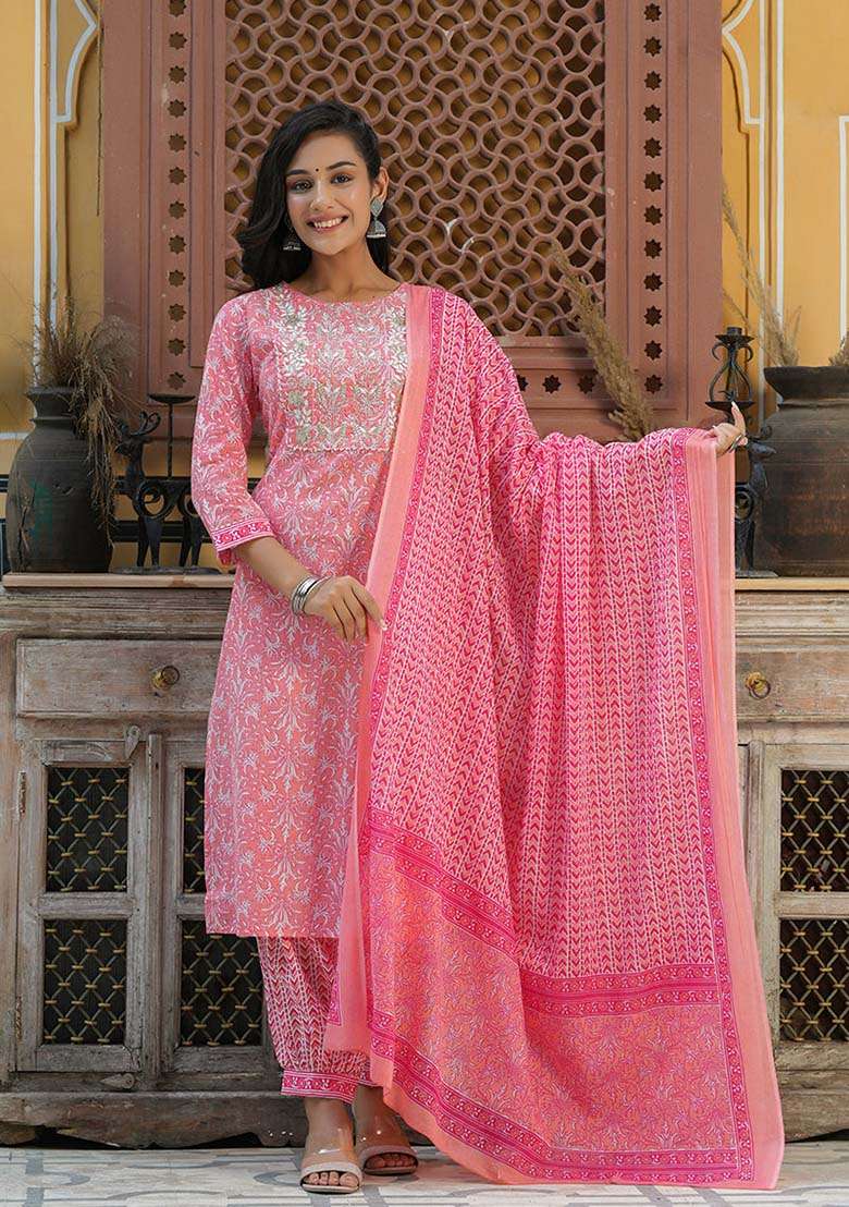 Pink Embroidered Cotton Straight Kurta Set - Indya